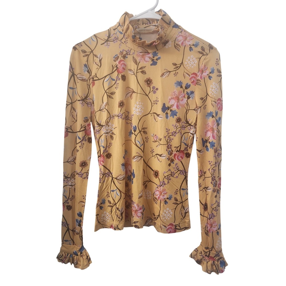 Stine Goya Yellow‎ Floral Mock Neck Long Sleeve Ruffle Cuff Top XS Slim Fit